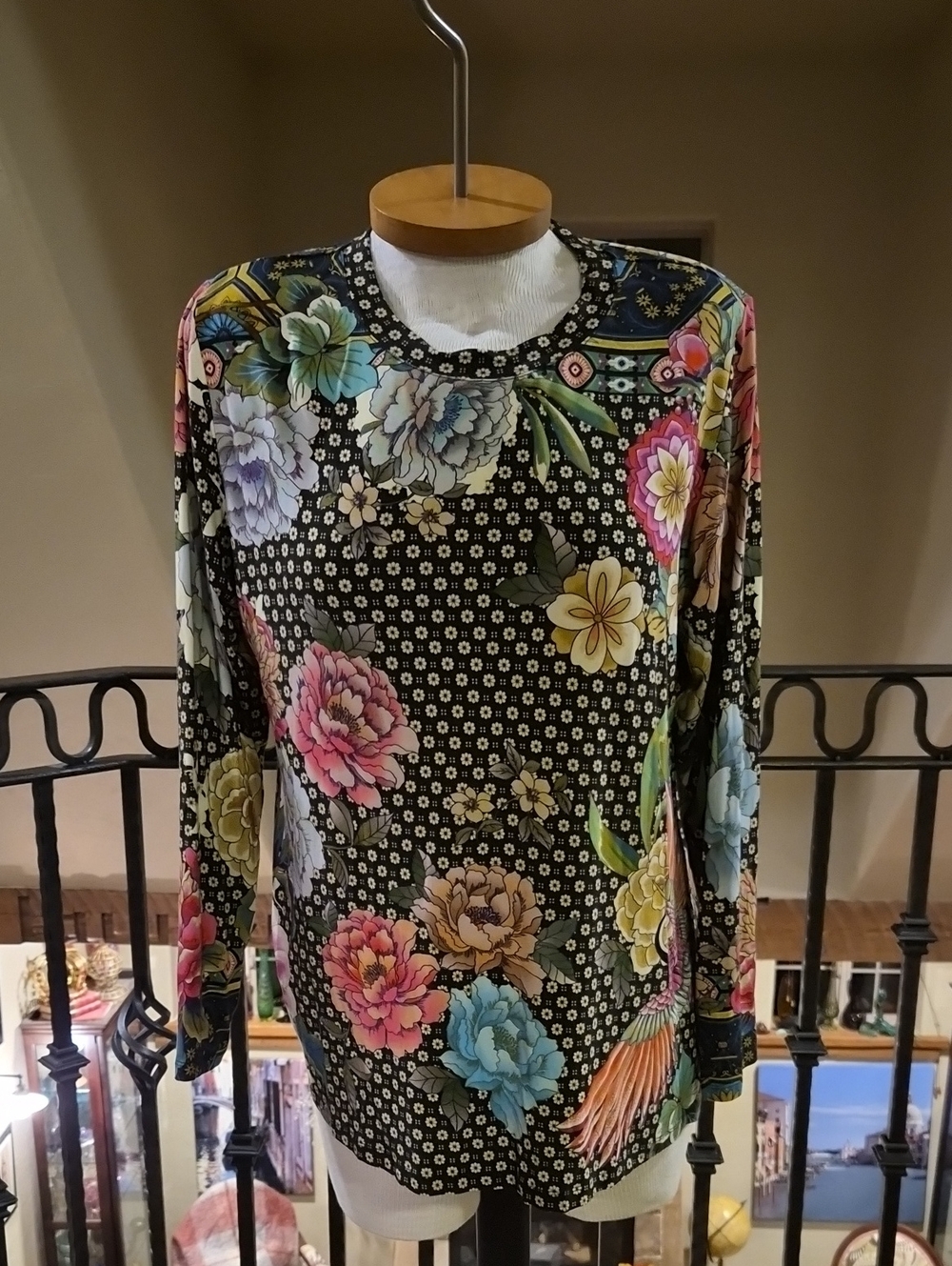 Johnny Was Black Floral Long-Sleeve Crewneck Top with Multicolor Blooms
